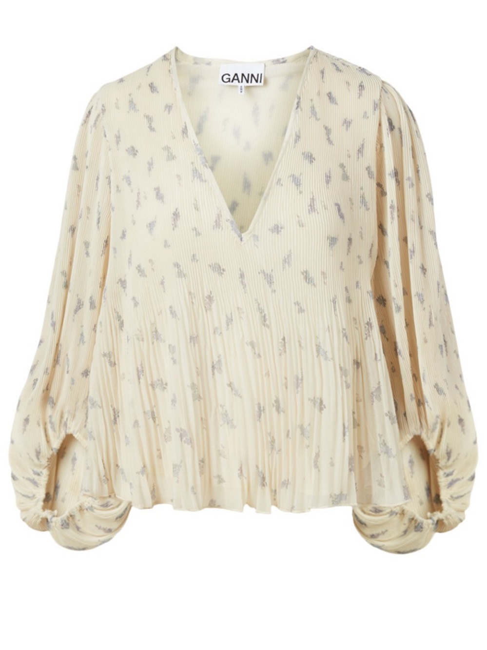 Ganni pleated georgette blouse puff sleeves, floral print in cream/lavender EU36